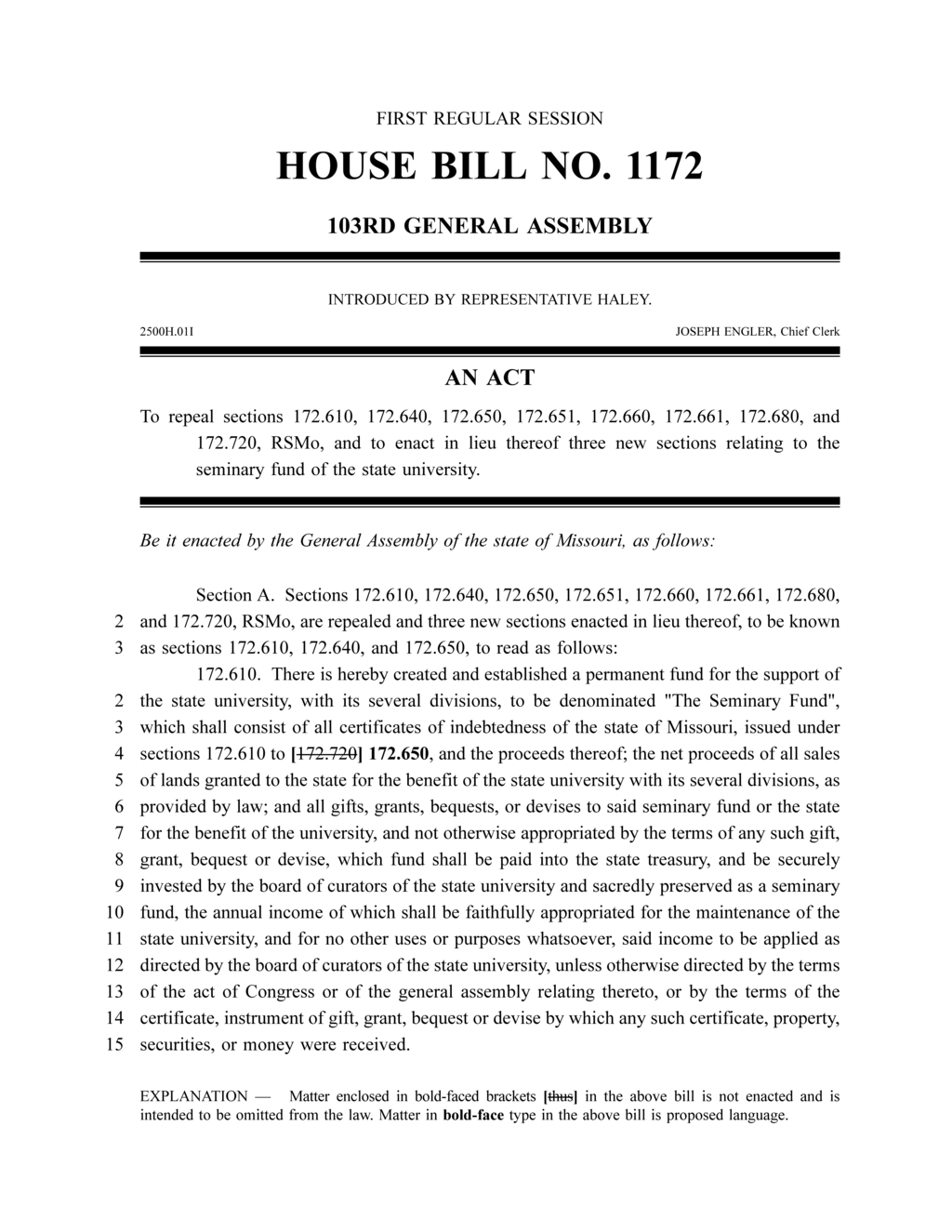 Representative Haley introduces bill to establish Missouri's Seminary Fund for state university