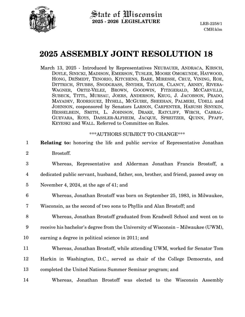 Wisconsin Legislature honors late Representative Jonathan Brostoff for public service