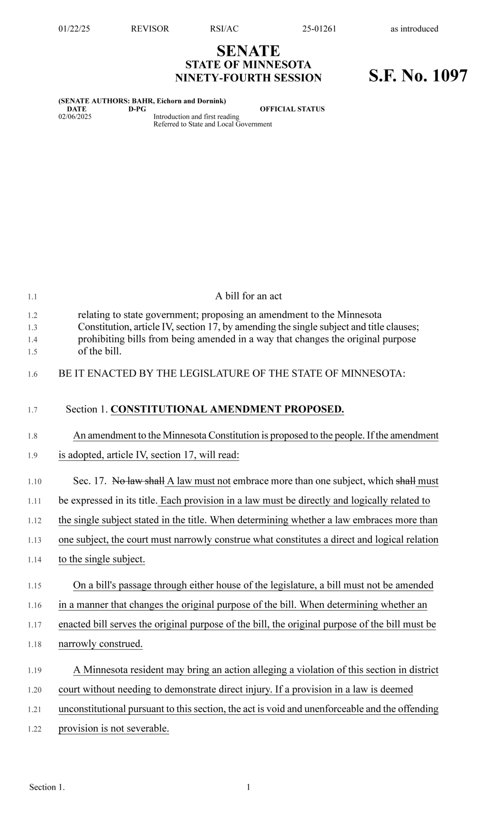 Minnesota legislature proposes constitutional amendment for single subject laws in 2026