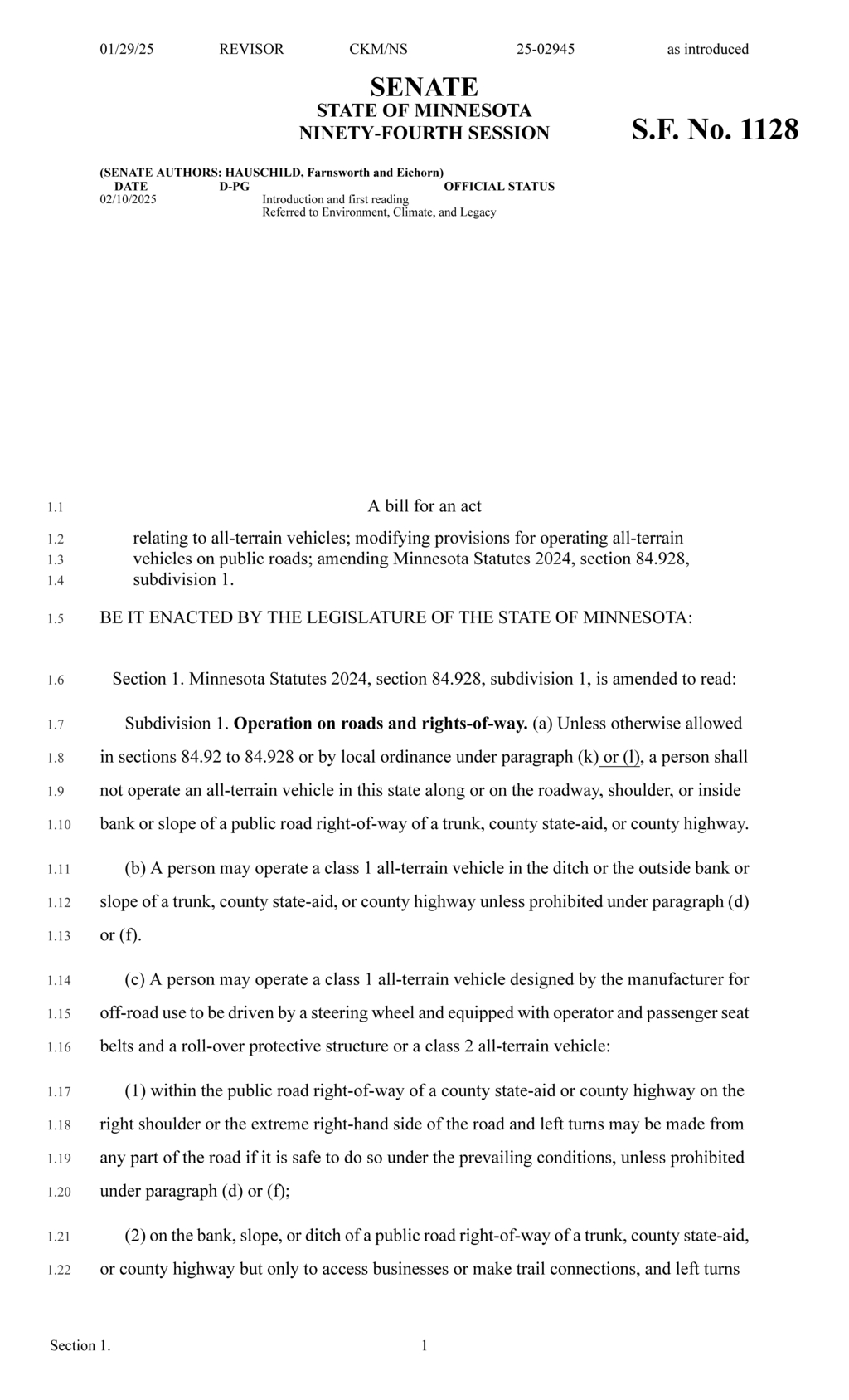 Minnesota enacts regulations for all-terrain vehicle use on public roads