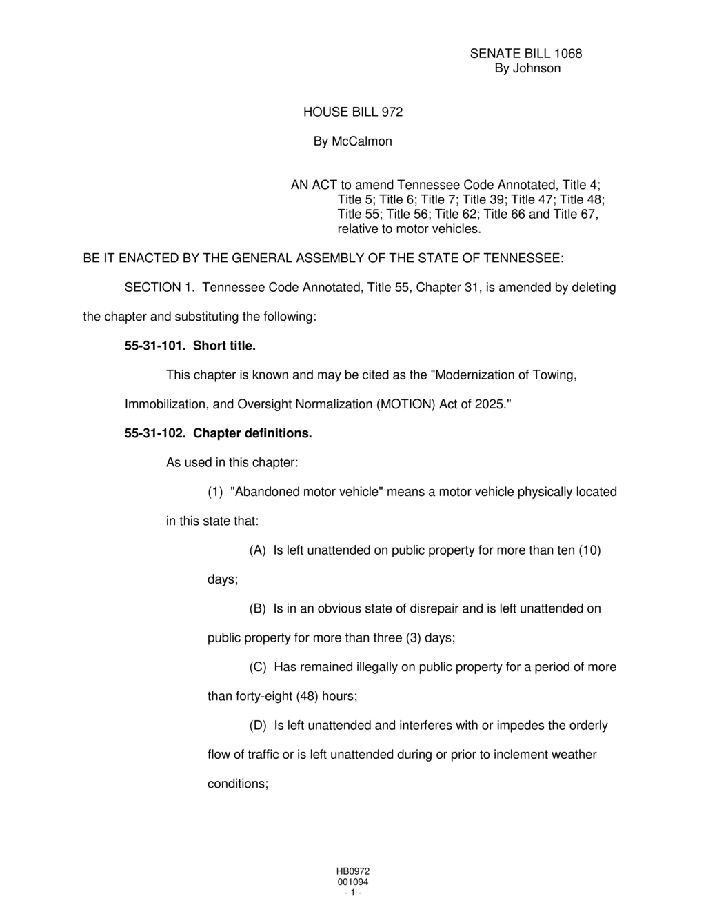 Tennessee legislators introduce MOTION Act to modernize towing and immobilization laws