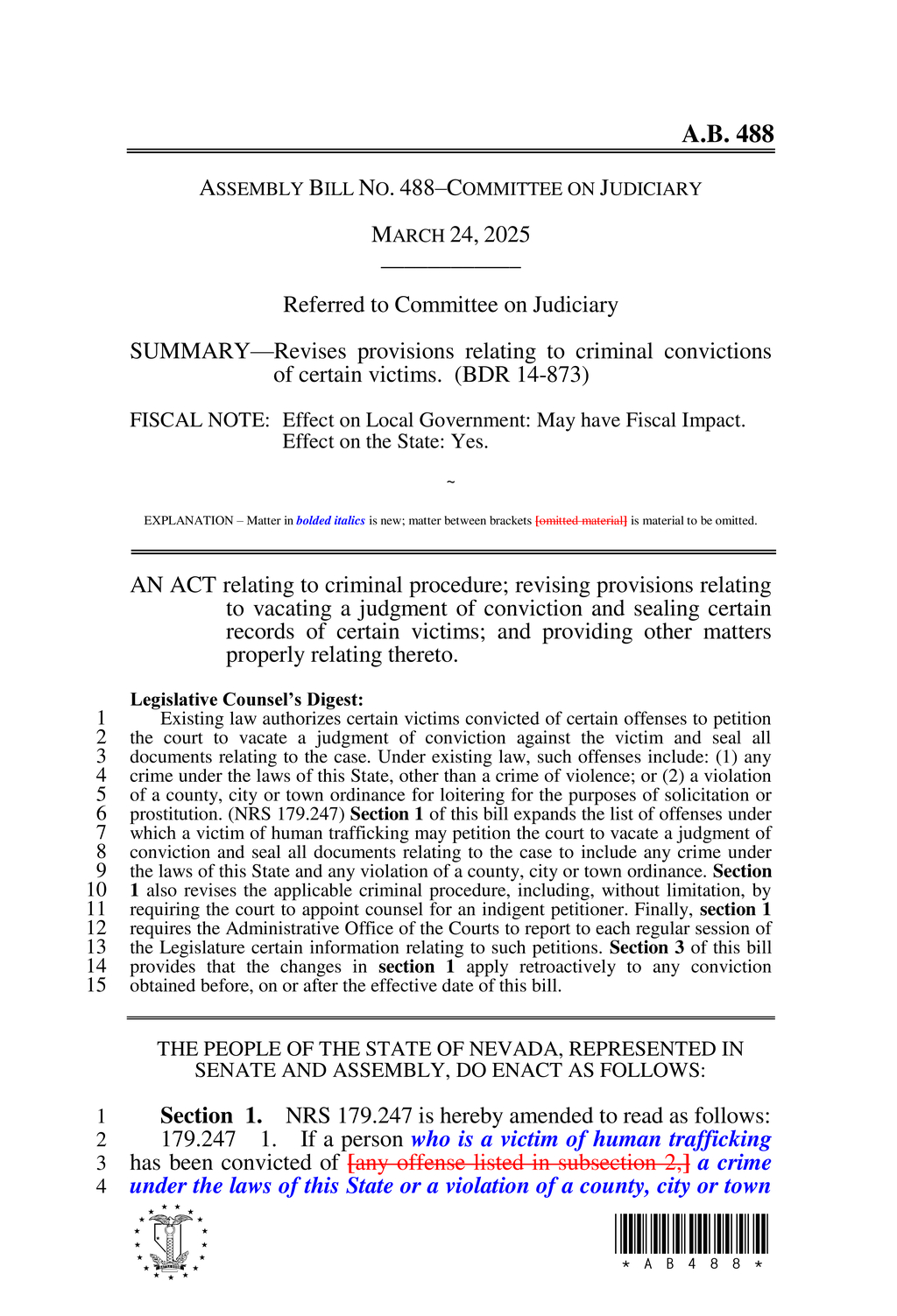Nevada Assembly Bill 488 enhances victim rights for human trafficking cases