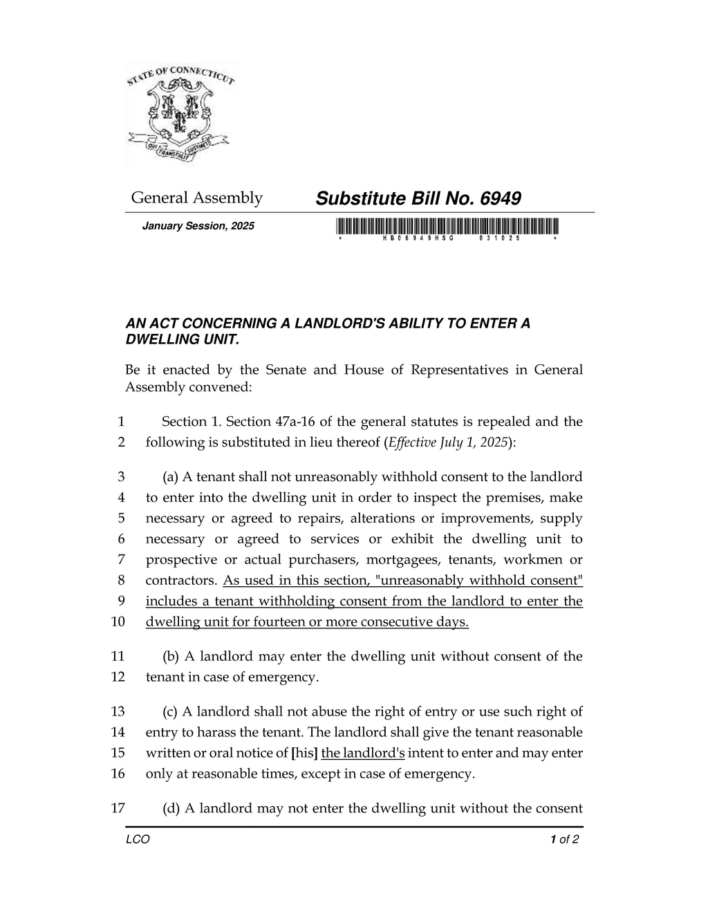 Connecticut General Assembly approves new landlord entry regulations effective July 2025
