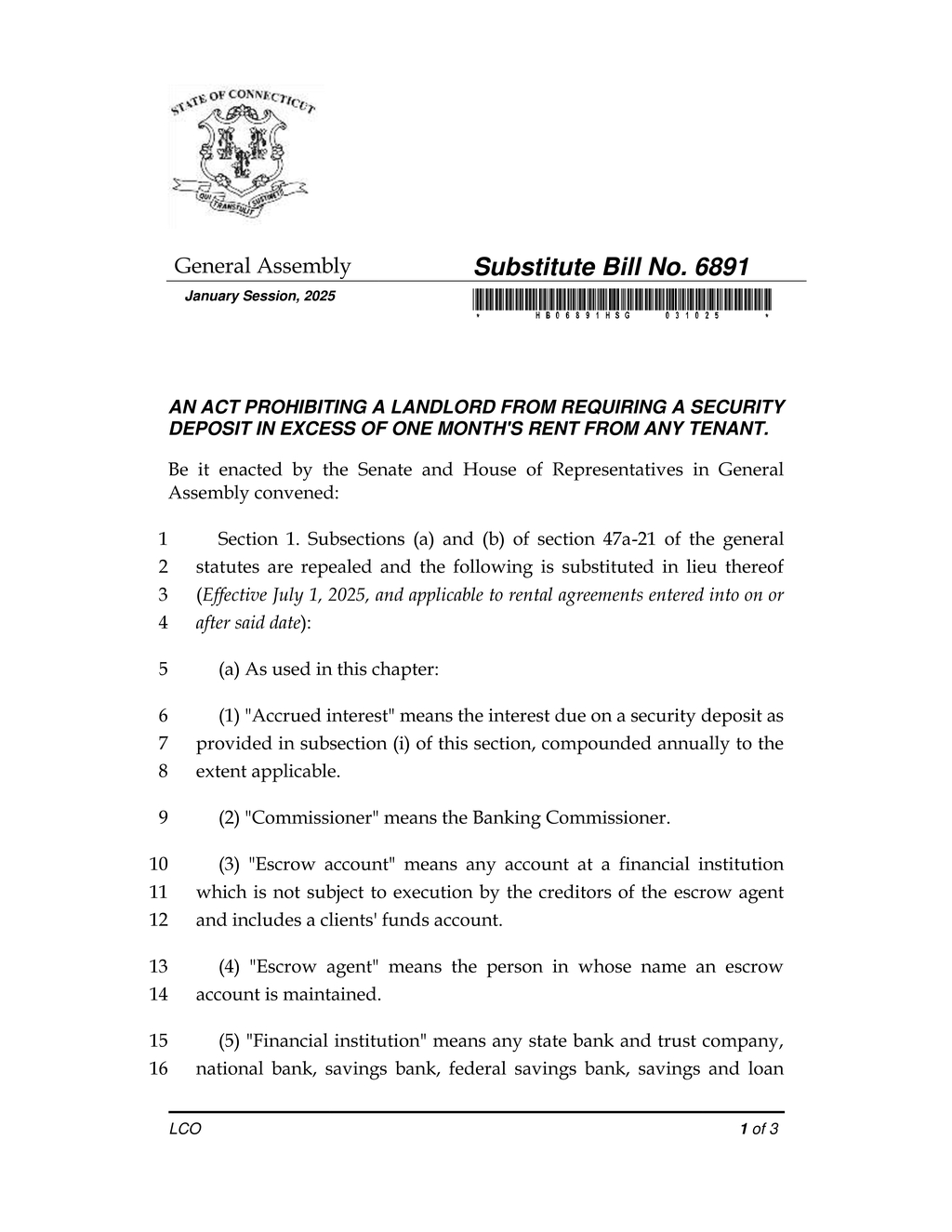 Connecticut General Assembly prohibits excessive security deposits for renters