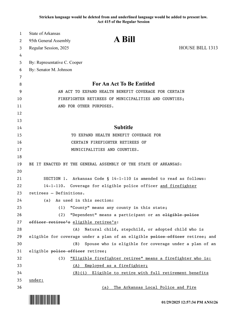 Legislation HB1313 establishes health benefits for retired police officers and dependents
