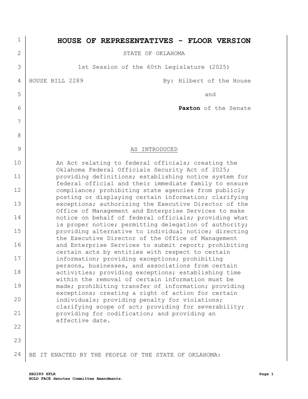 Oklahoma Legislature introduces Federal Officials Security Act for 2025