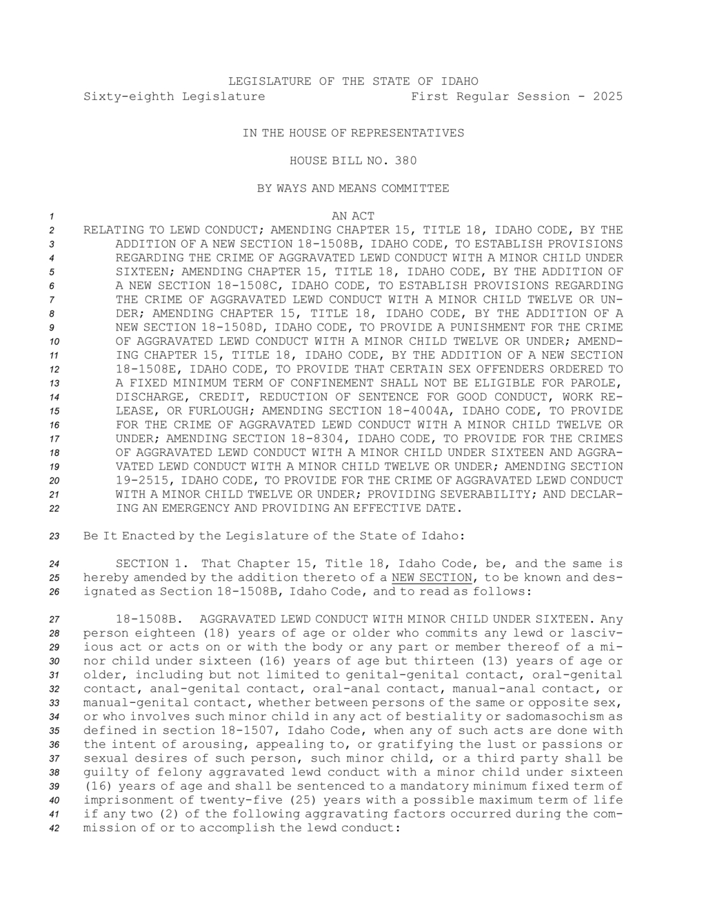 Idaho Legislature proposes death penalty for aggravated lewd conduct against minors