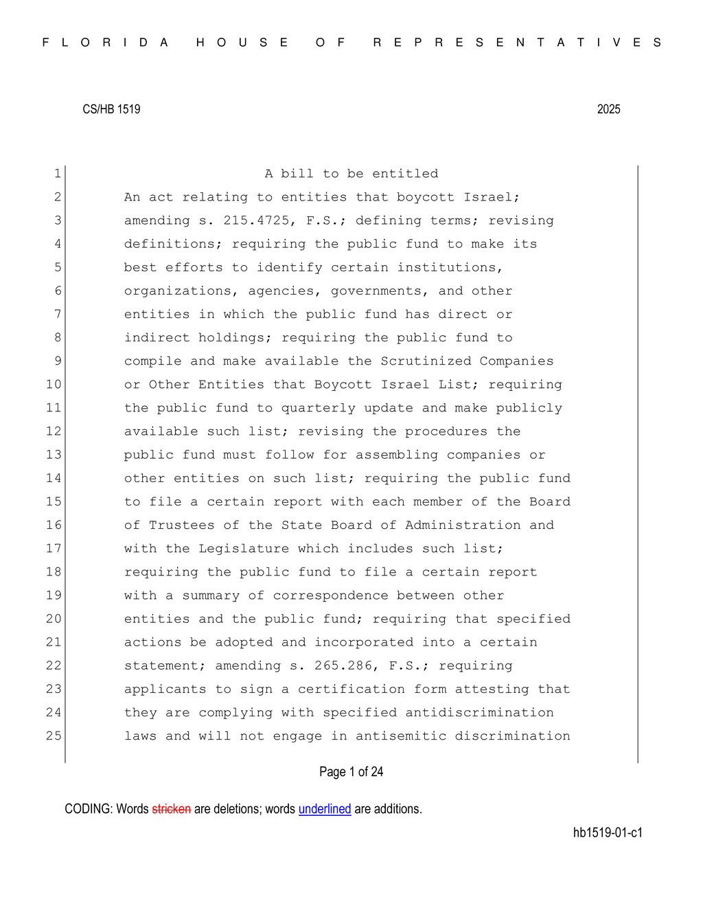 Florida House passes CS/HB 1519 to regulate investments in companies boycotting Israel