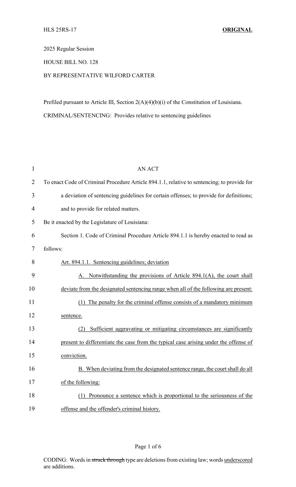 Louisiana proposes law to define mitigating and aggravating circumstances in sentencing