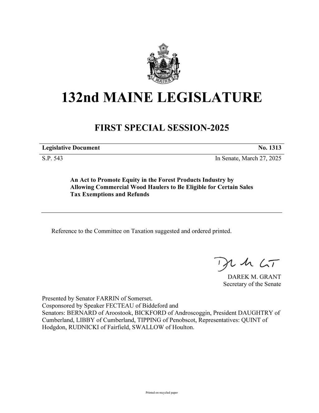 Senator Farrin introduces tax exemption bill for wood haulers in Maine