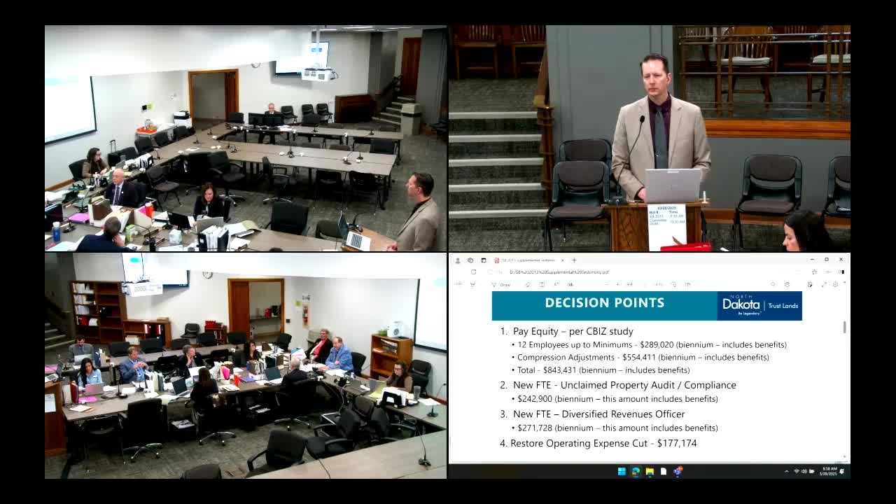 Appropriations committee amends Senate Bill 2013 to add unclaimed‑property compliance FTE and $550,000 in salary adjustments