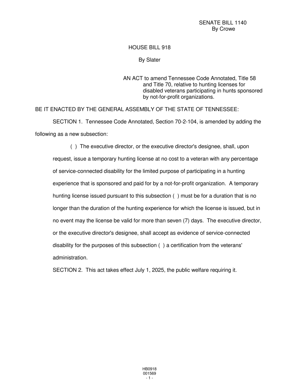 Tennessee General Assembly approves temporary hunting licenses for disabled veterans