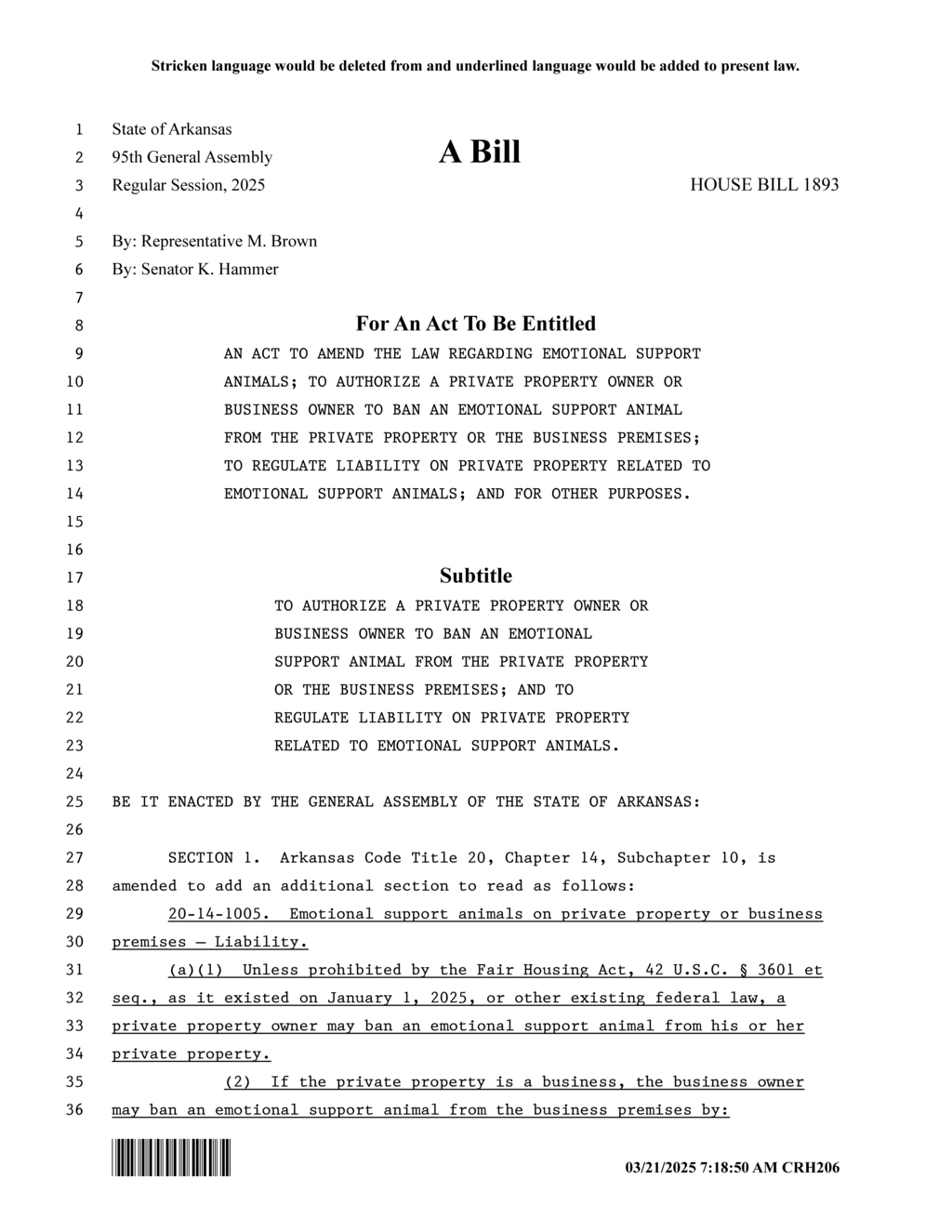 Arkansas lawmakers propose bill to regulate emotional support animal access