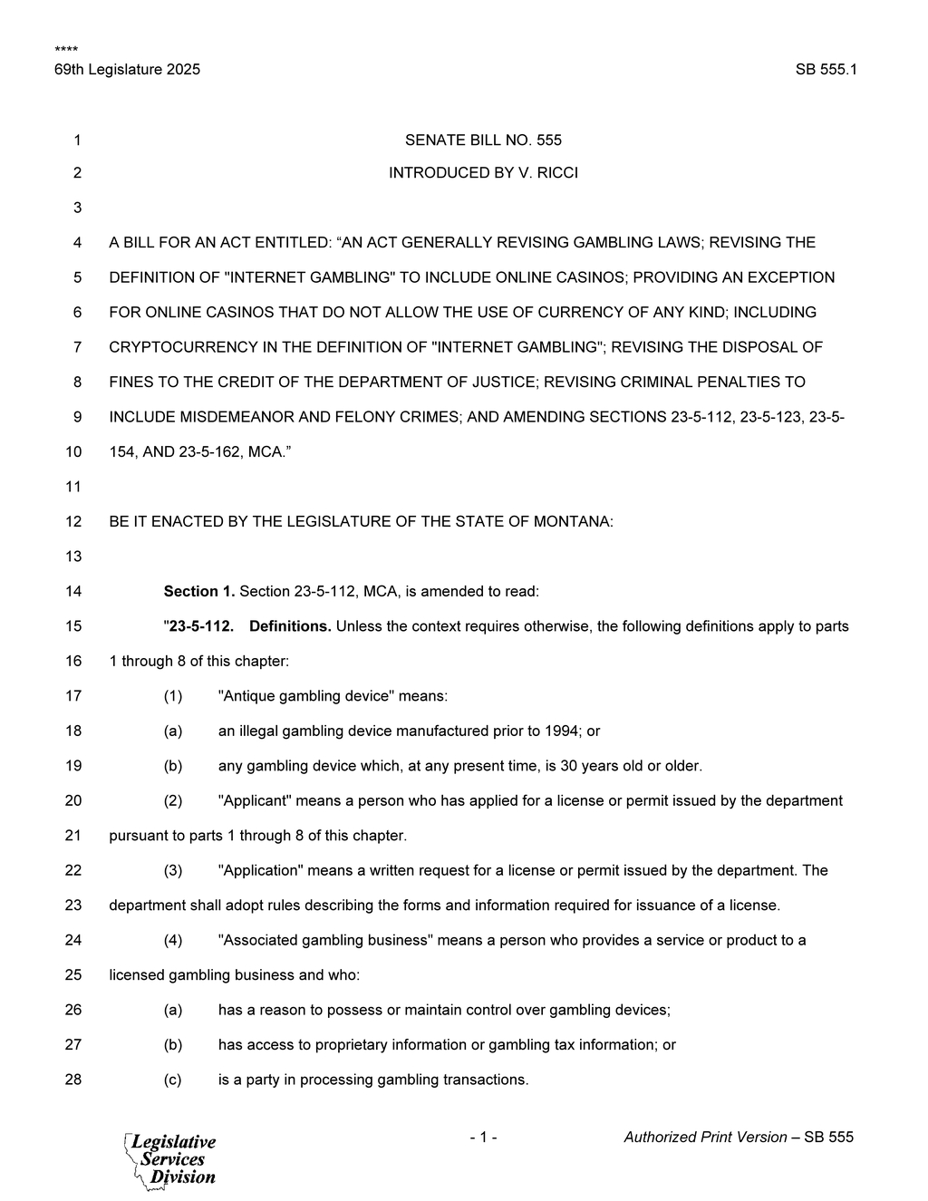 Montana Senate Bill 555 revises gambling laws to include online casinos and cryptocurrency