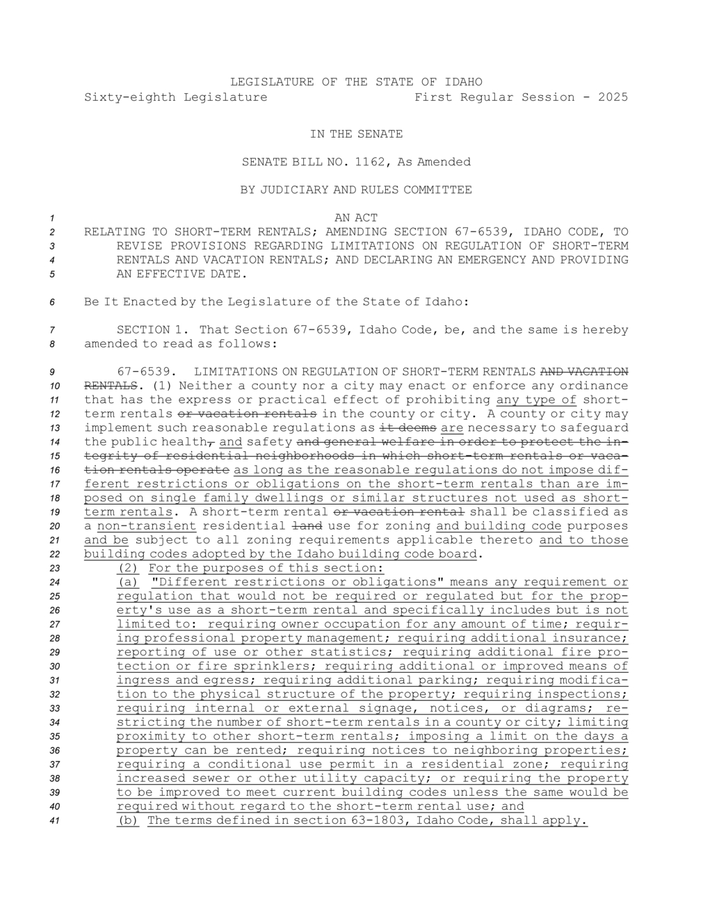 Idaho Senate passes Bill 1162 limiting short-term rental regulations