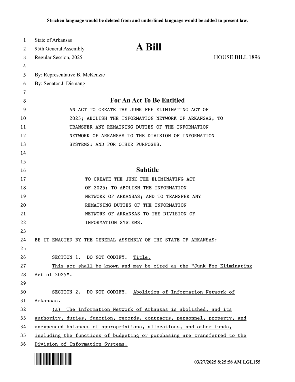 Arkansas General Assembly approves Junk Fee Eliminating Act and abolishes Information Network