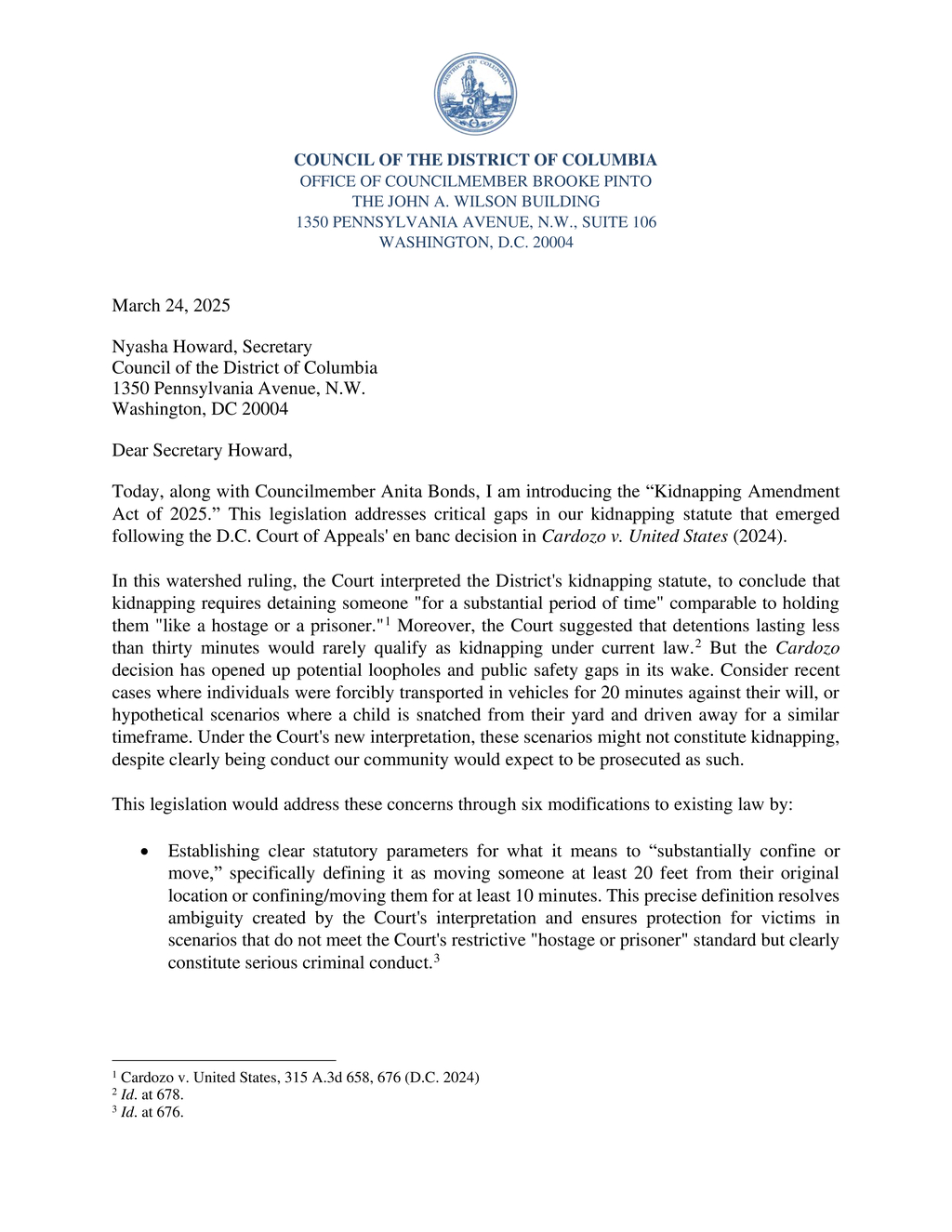Councilmembers Pinto and Bonds introduce Kidnapping Amendment Act to address legal loopholes