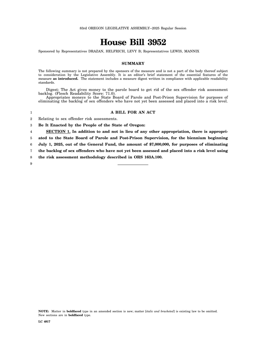 Oregon House Bill 3952 allocates $7M to address sex offender risk assessment backlog
