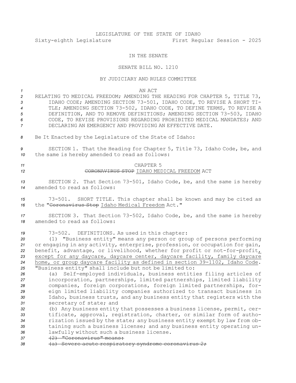 Idaho Senate passes Coronavirus Stop Idaho Medical Freedom Act