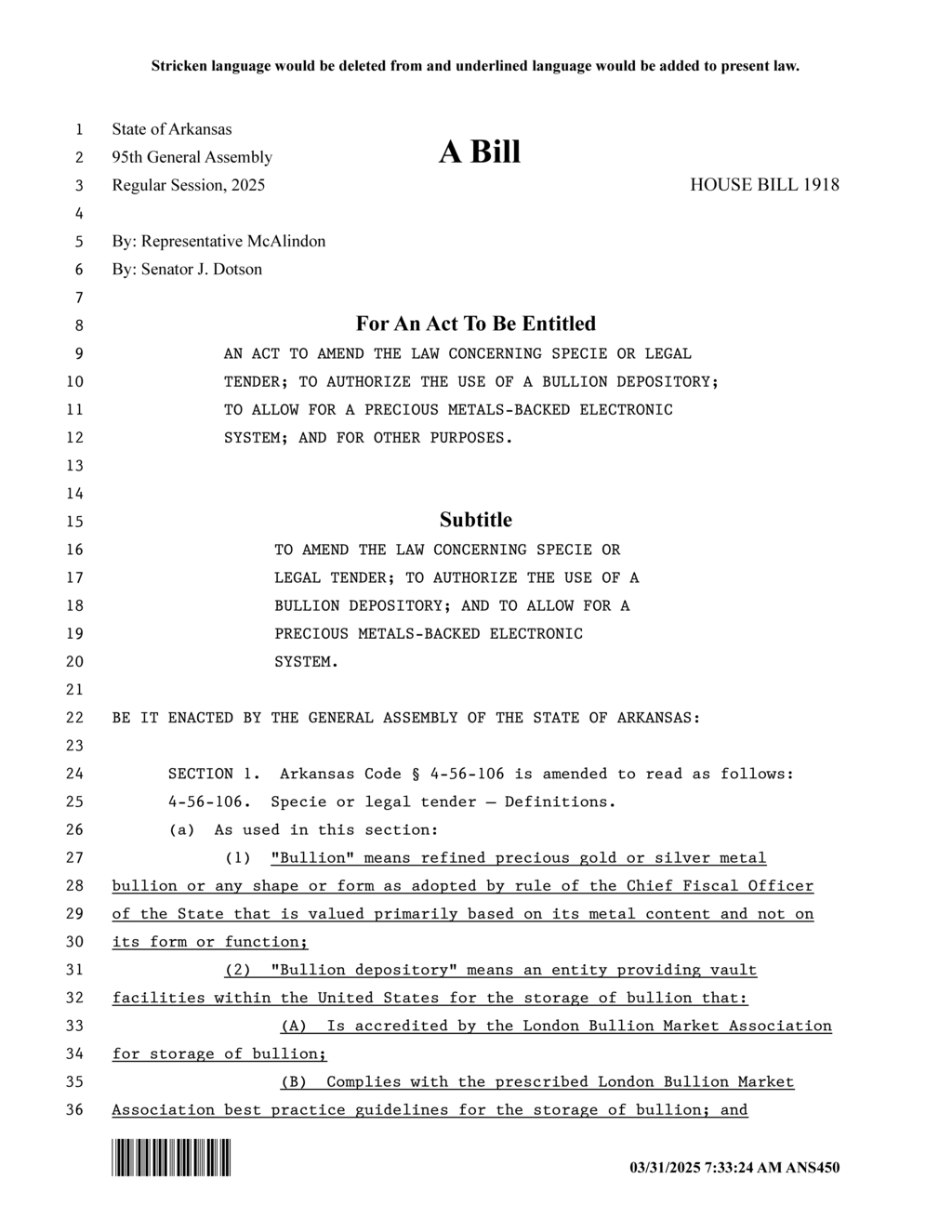 Arkansas lawmakers propose Bullion Depository and precious metals-backed electronic system