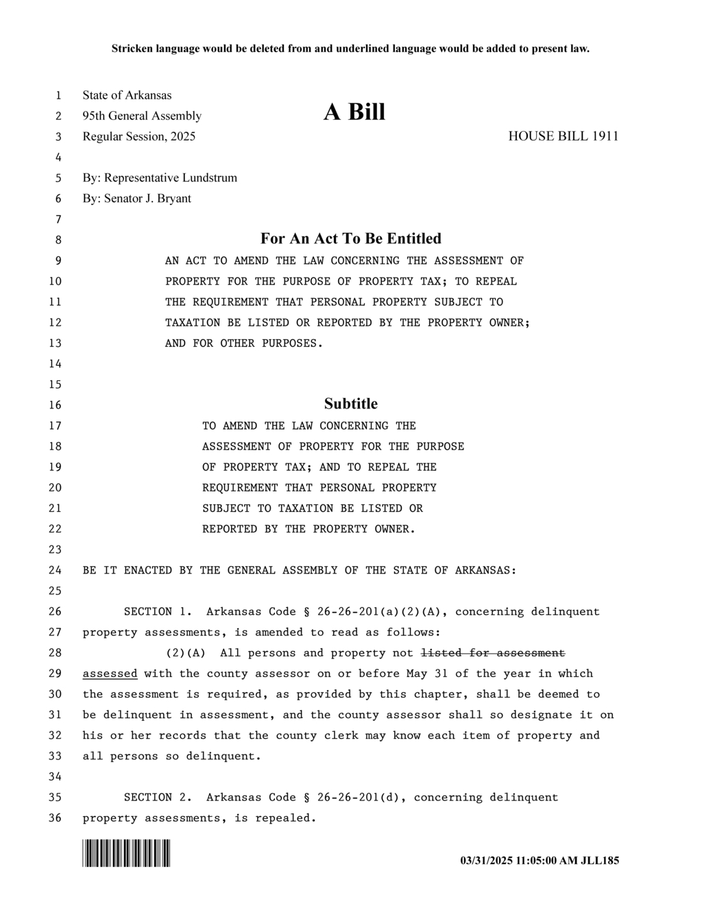 Arkansas Assembly debates changes to property assessment rules under HB1911