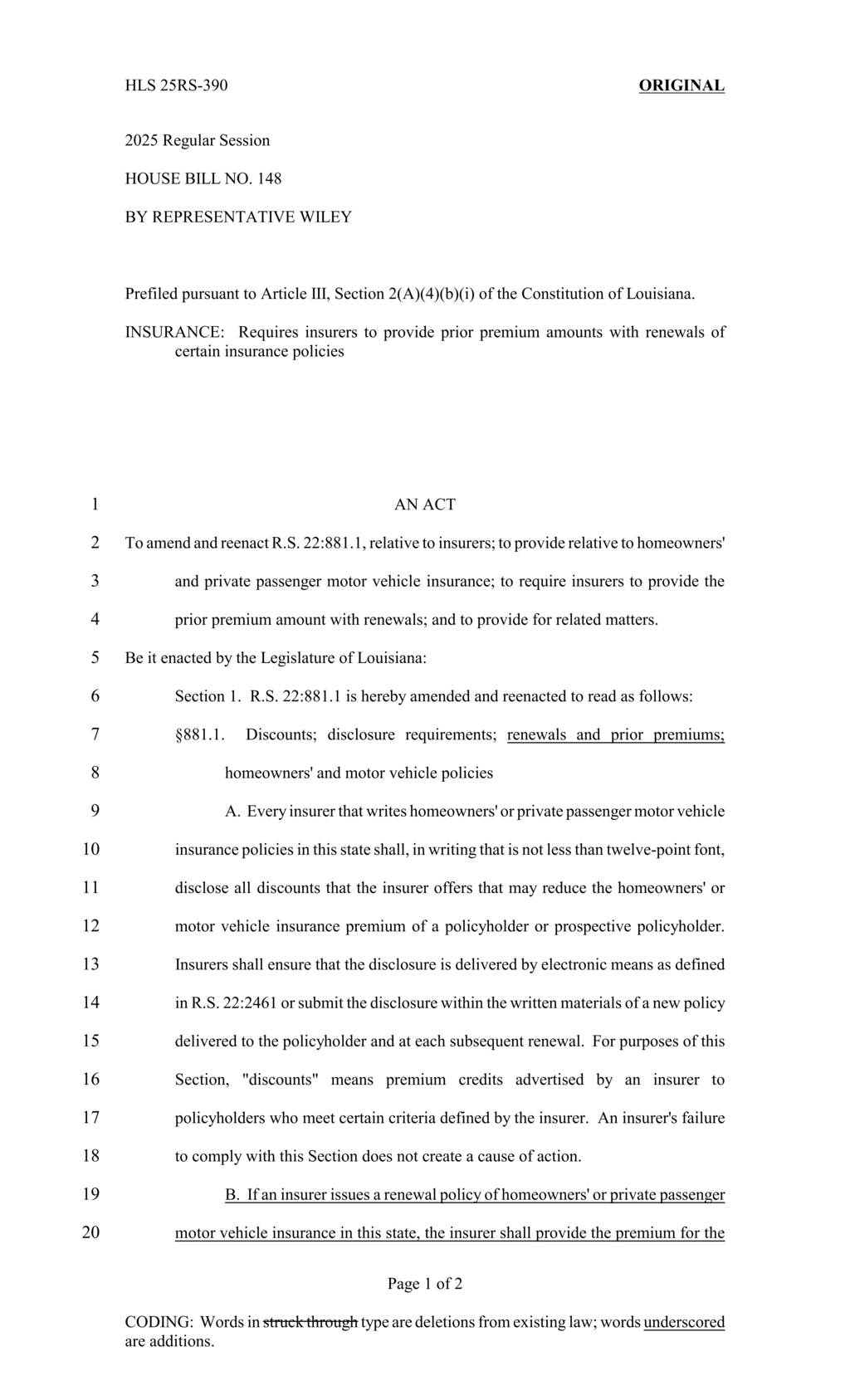 Louisiana House approves HB 148 requiring insurers to disclose prior premiums