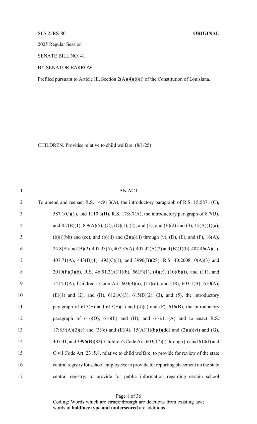 Senator Barrow introduces Senate Bill 41 to enhance Louisiana child welfare regulations