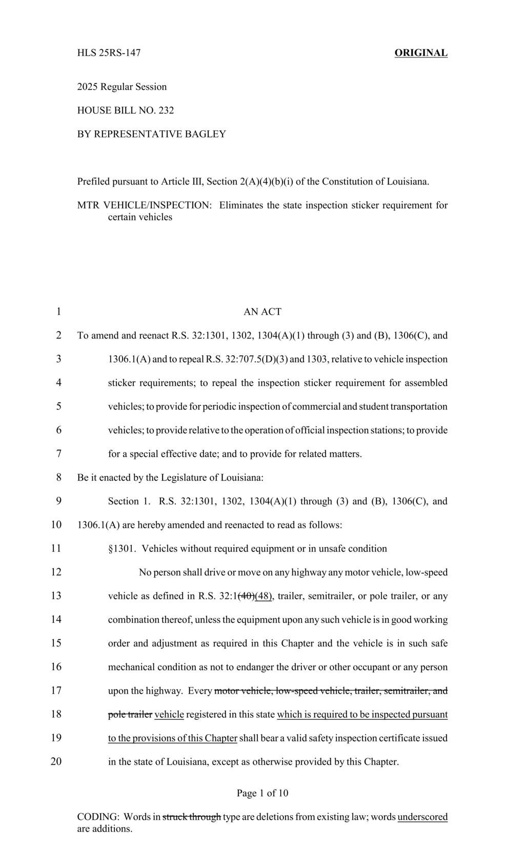Louisiana House Bill 232 eliminates inspection sticker requirement for certain vehicles