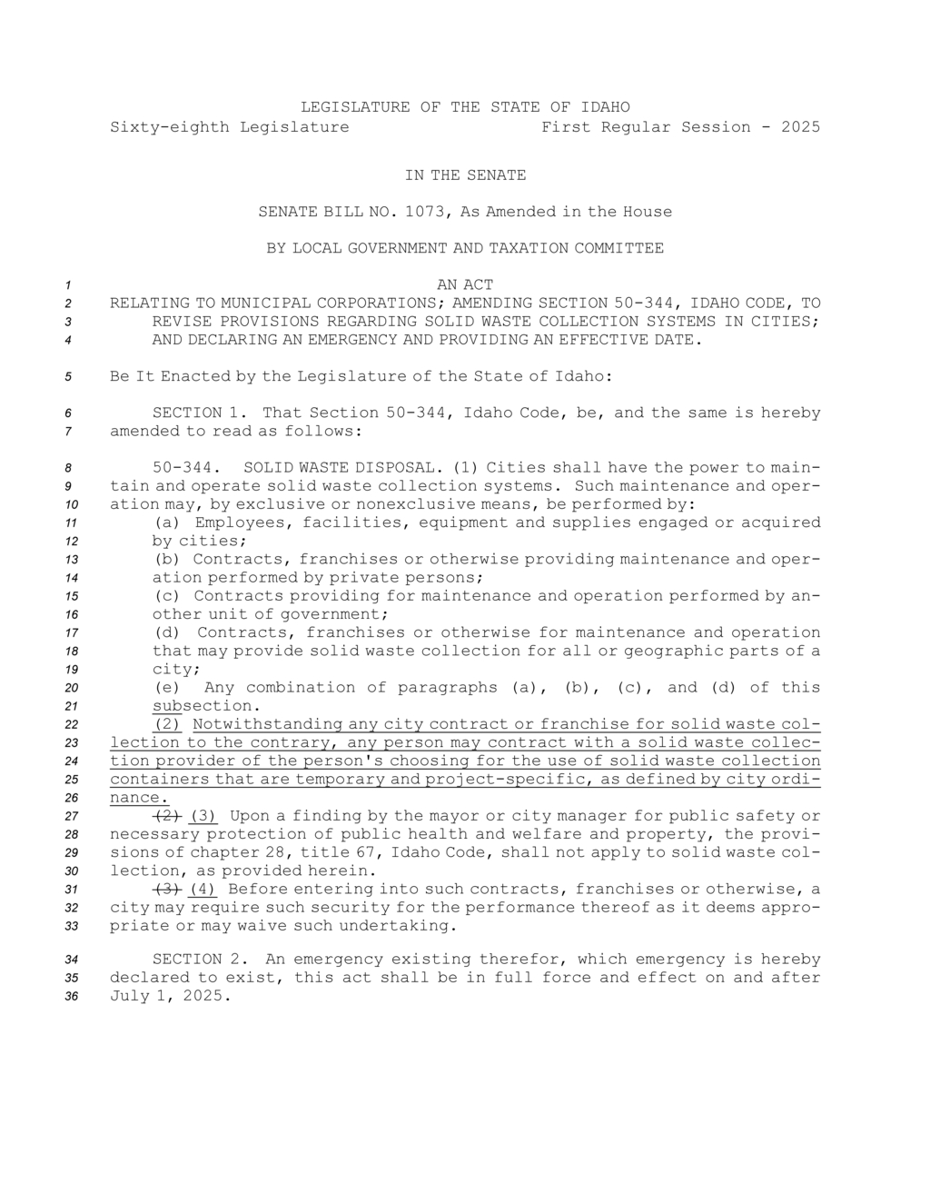 Idaho Senate amends solid waste collection regulations for municipalities