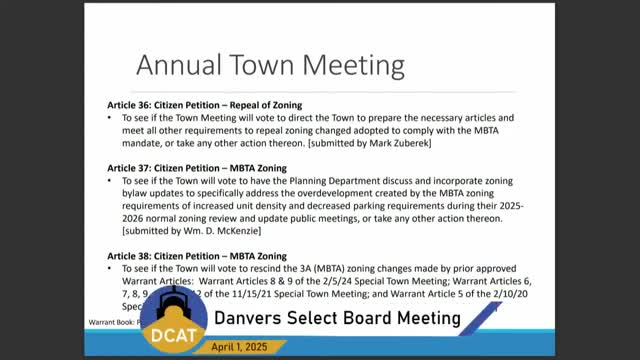 Danvers Select Board forwards mixed recommendations on MBTA zoning petitions after long public debate