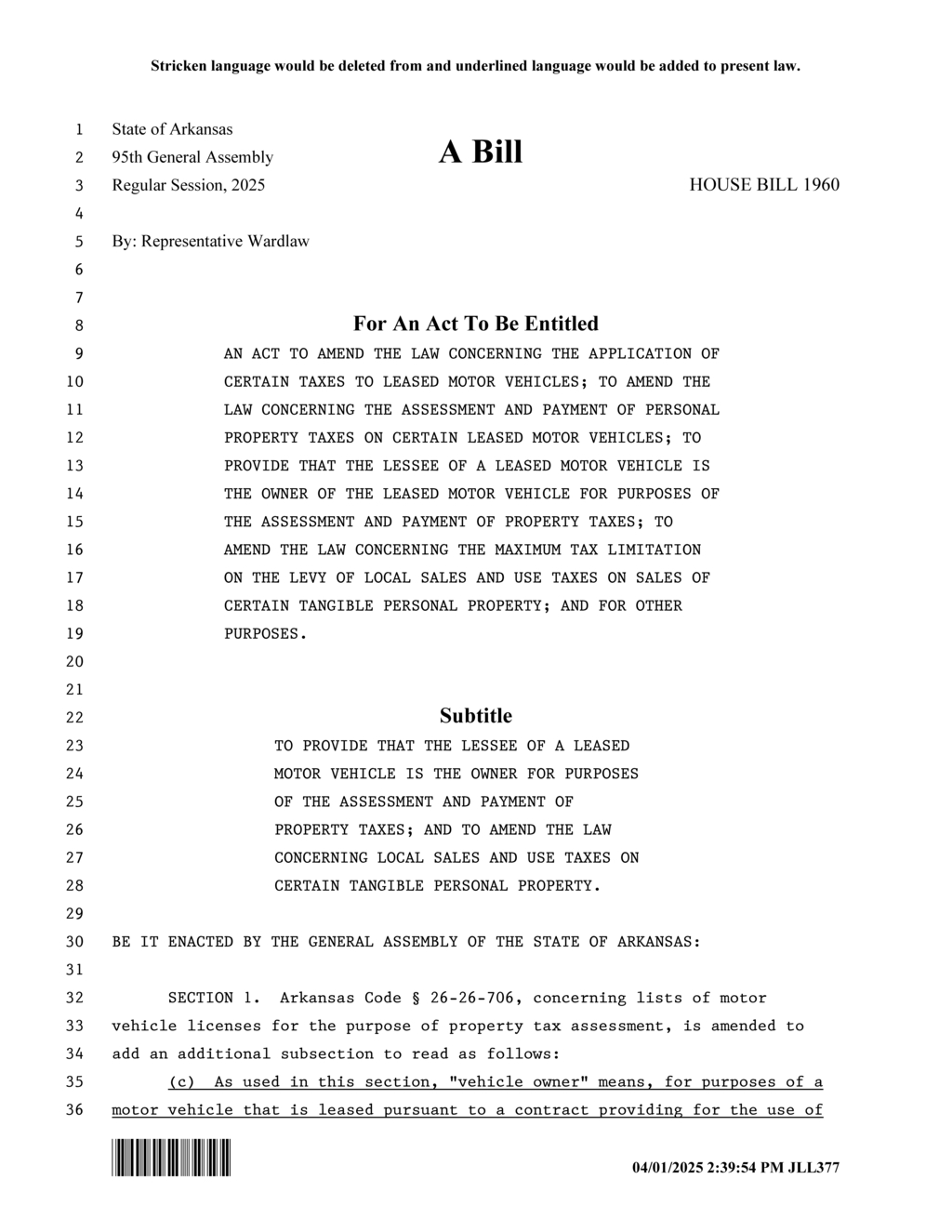 Arkansas amends motor vehicle tax assessment laws to include lessees