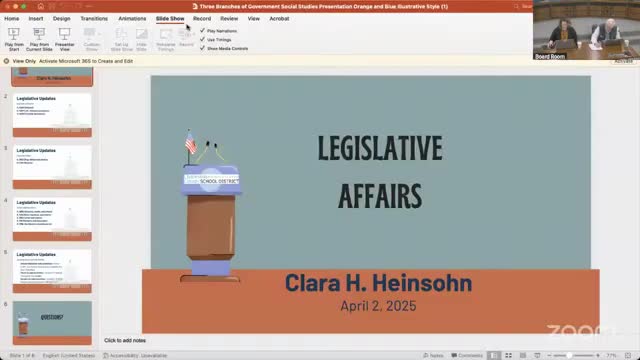 District legislative liaison outlines pending state bills affecting schools, including DEI ban and voucher debate