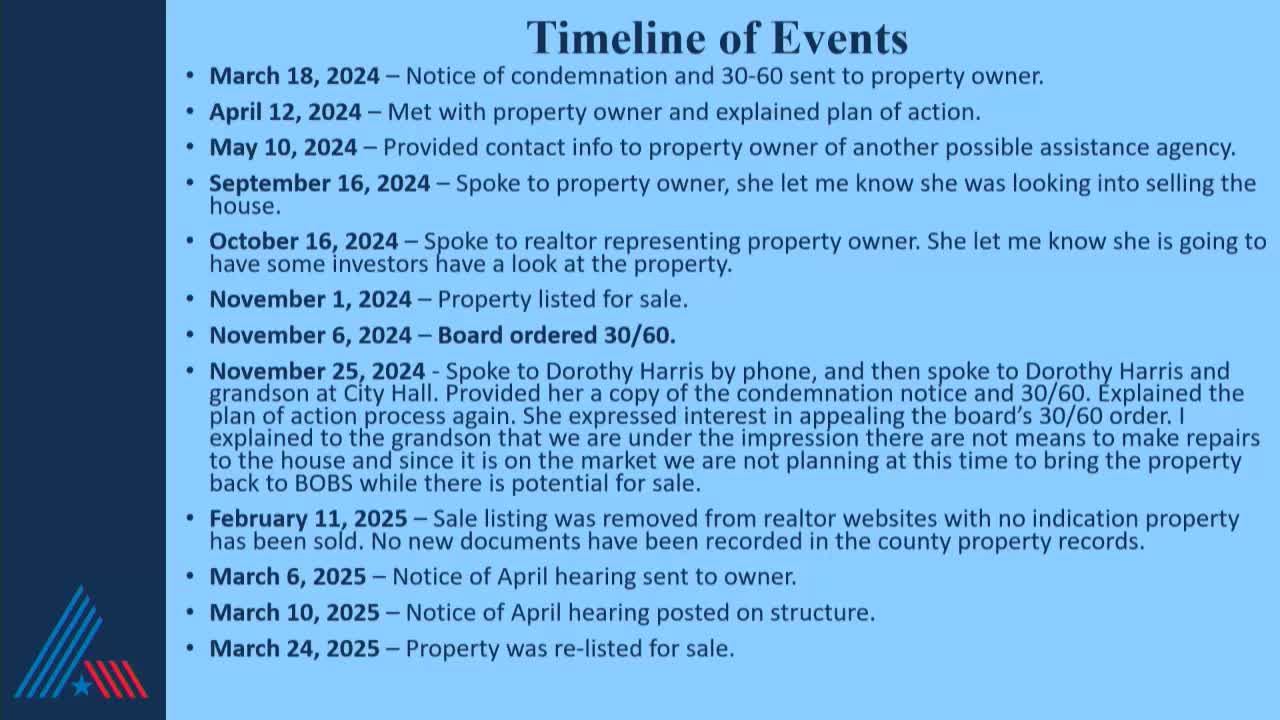 City Council considers demolition of Harris family's condemned property amid sale efforts