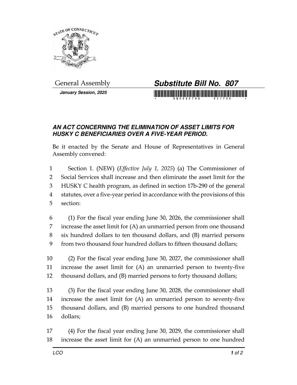 Connecticut General Assembly advances plan to eliminate asset limits for HUSKY C beneficiaries