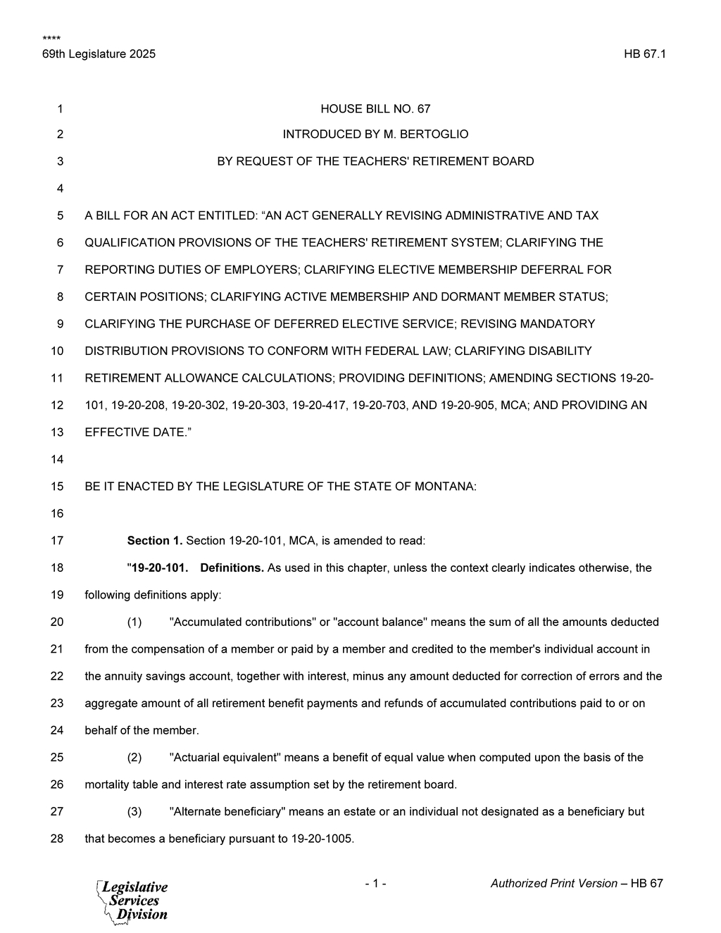 Montana Legislature introduces House Bill 67 to revise teachers' retirement system