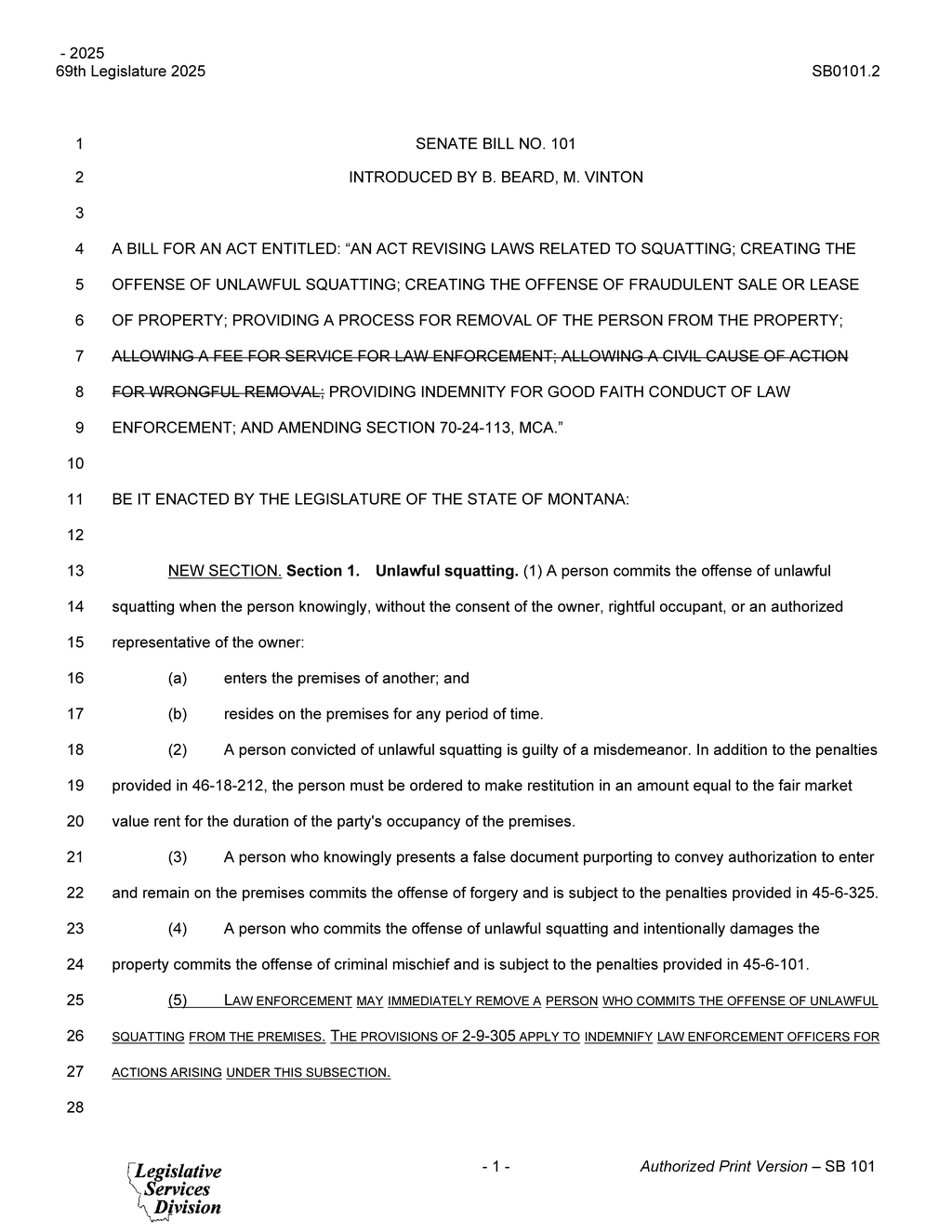 Montana Senate passes SB 101 introducing unlawful squatting penalties