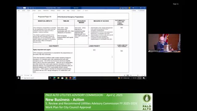 Palo Alto Utilities Advisory Commission revises work plan to include emergency preparedness