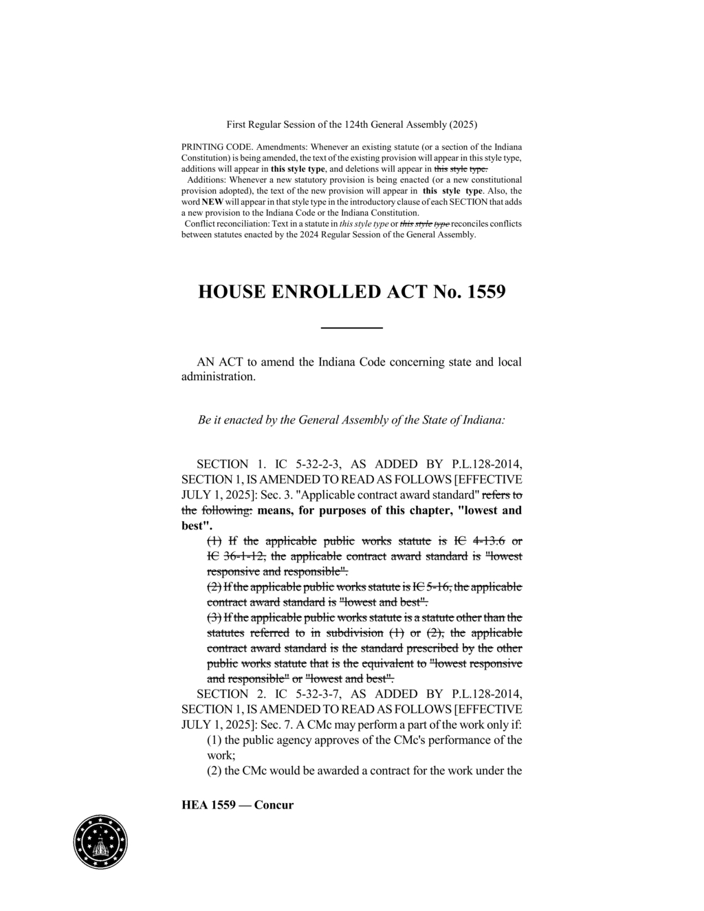 Indiana General Assembly amends public works contract award standards