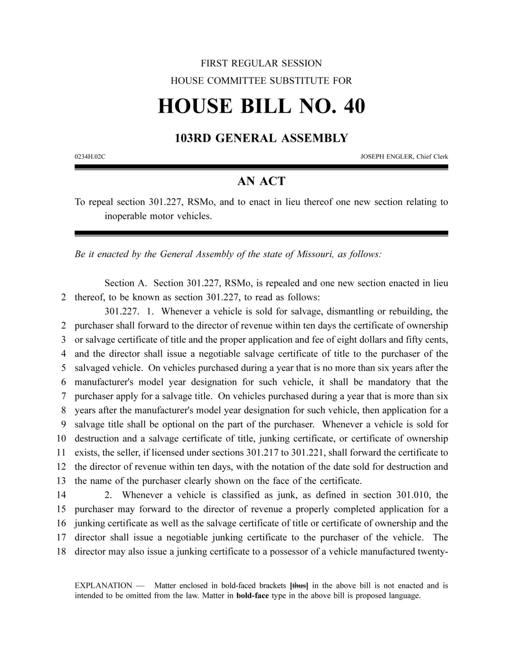 Missouri Assembly enacts new rules for salvage and junk vehicle titles