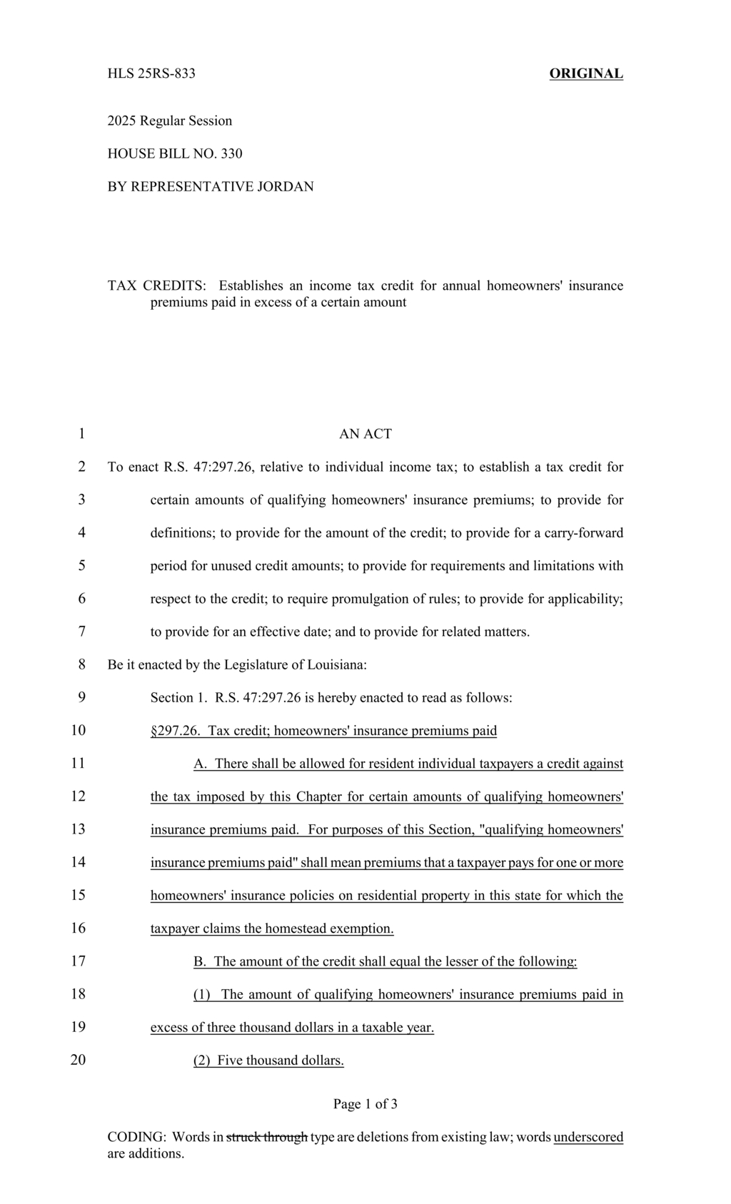 Louisiana House proposes homeowner insurance premium tax credit law