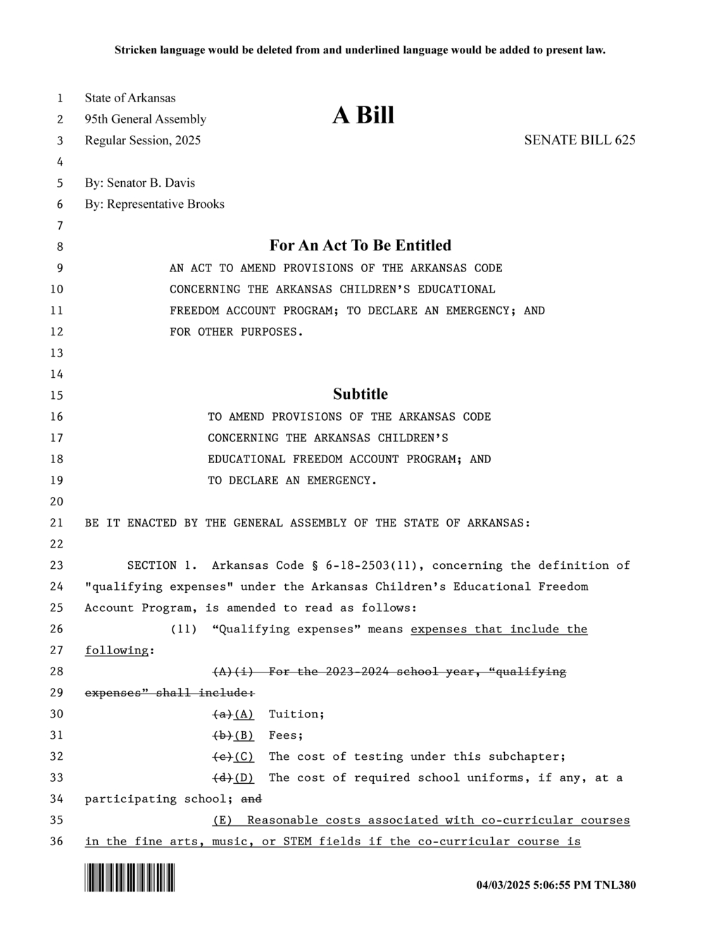 Arkansas General Assembly passes Senate Bill 625 to amend education funding