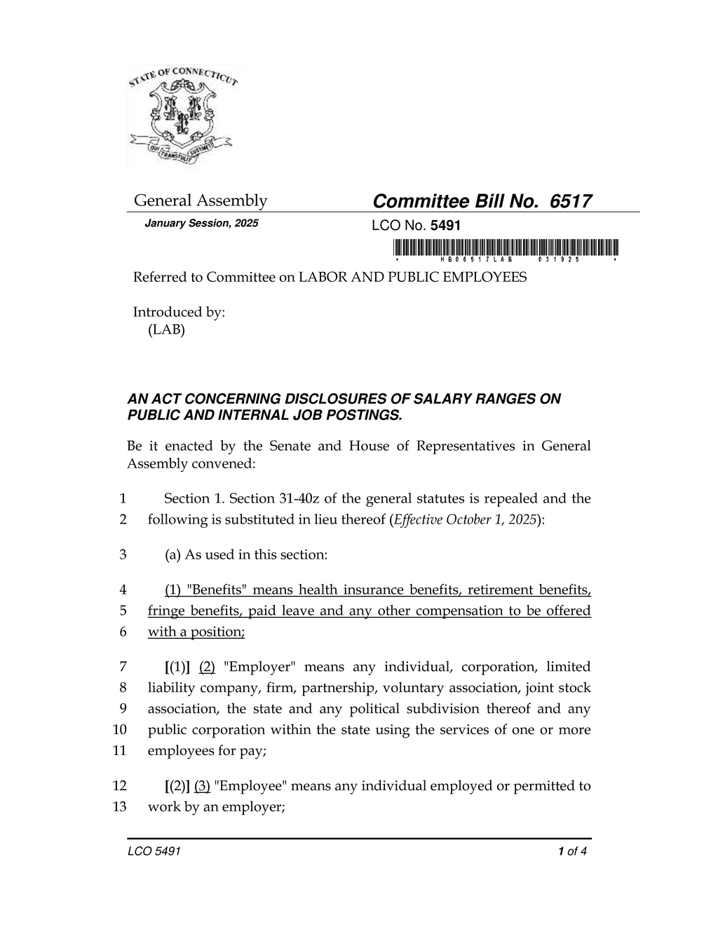 Connecticut General Assembly introduces salary disclosure bill for job postings