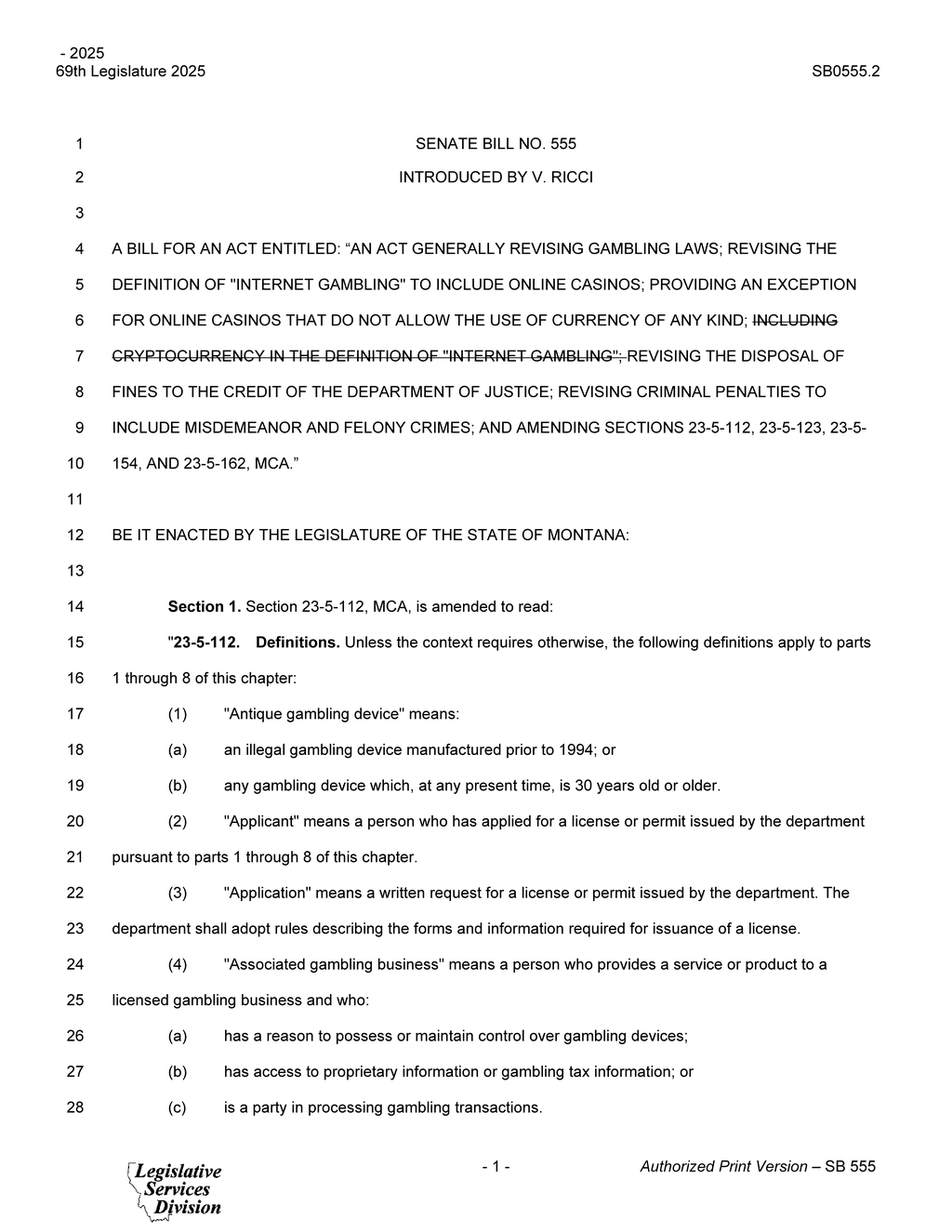 Montana Legislature introduces SB 555 to revise internet gambling laws