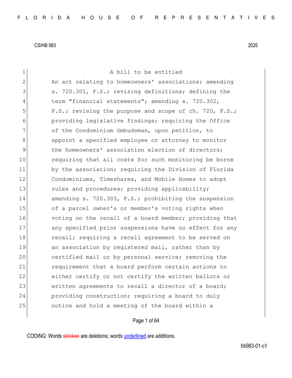 Florida House amends homeowners association disclosure requirements for prospective buyers