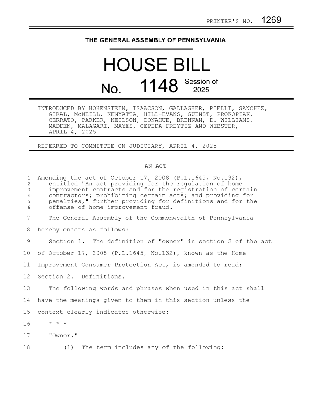 Pennsylvania Assembly introduces bill to amend Home Improvement Consumer Protection Act
