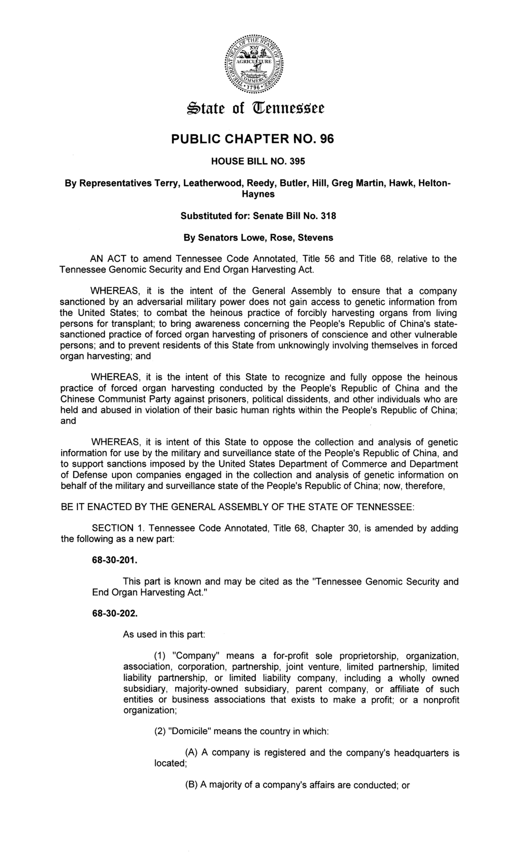 Tennessee General Assembly enacts Genomic Security and End Organ Harvesting Act