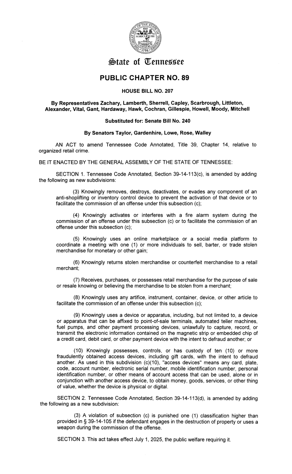 Tennessee legislators pass new organized retail crime amendment