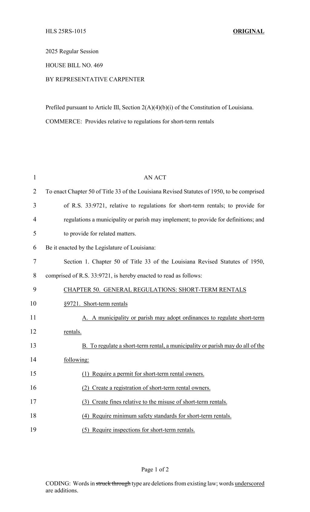 Louisiana House approves HB 469 to regulate short-term rentals across municipalities