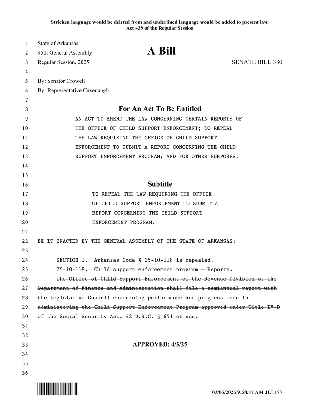 Arkansas General Assembly repeals child support enforcement reporting requirement