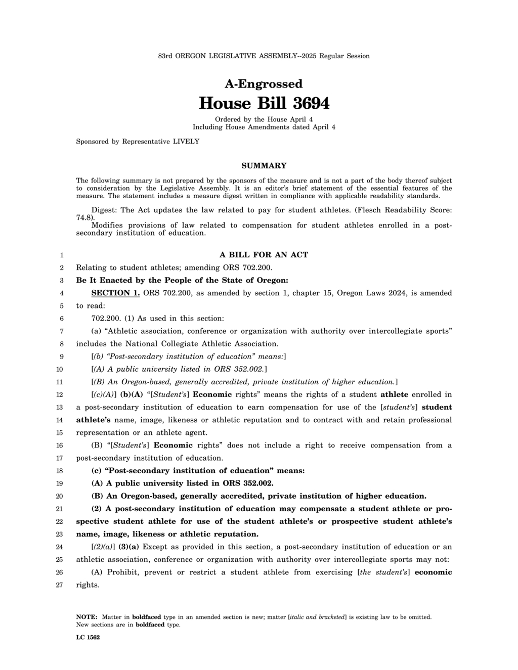Legislators propose HB 3694 to protect student athletes' economic rights in Oregon